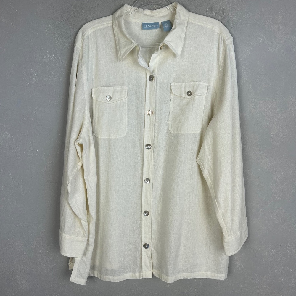 Liz & Me plus size 2X long sleeve button up shirt ivory linen blend beachy